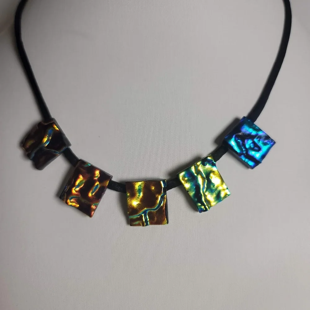Dichroic Glass Iridescent‎ Square Pendant Black Cord Necklace Multicolor Artisan